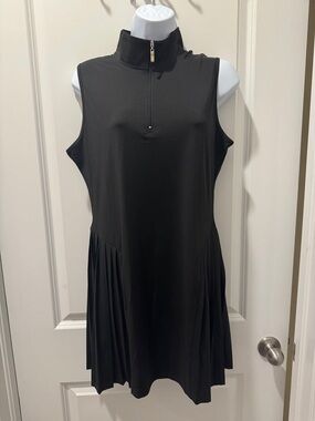 Sleeveless Black Mock-Neck Mini Dress with Side Pleats